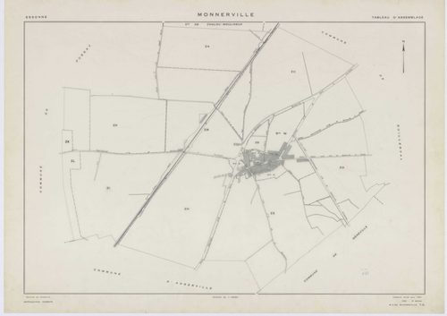 MONNERVILLE, plans minutes de conservation : tableau d'assemblage, 1951, Ech. 1/5000 ; plans des section S, 1951, Ech. 1/1000, section W, 1951, Ech. 1/2000, sections ZA, ZB, ZC, ZD, ZE, ZH, ZI, ZK, 1982, Ech. 1/2000, section ZL, 1991, Ech.1/2000. Polyeste