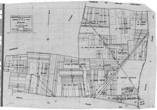 MONNERVILLE. - Cadastre révisé pour 1934 : plan du tableau d'assemblage , plans de la section A l'Ouest 1ère feuille, idem 2ème feuille, idem 3ème feuille, section B l'Est 1ère feuille, idem 2ème feuille, idem 3ème feuille ; cadastre renouvelé pour 1951 :