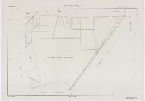 MONNERVILLE, plans minutes de conservation : tableau d'assemblage, 1951, Ech. 1/5000 ; plans des section S, 1951, Ech. 1/1000, section W, 1951, Ech. 1/2000, sections ZA, ZB, ZC, ZD, ZE, ZH, ZI, ZK, 1982, Ech. 1/2000, section ZL, 1991, Ech.1/2000. Polyeste