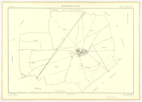 Plans minutes de conservation : MONNERVILLE : tableau d'assemblage n°1, ech. 1/5000 (1951), sections S, T, ech. 1/1000 (1951), sections U, V, W, X, Y, Z, ech. 1/2000 (1951) ; tableau d'assemblage n°2, ech. 1/5000 (1951-1969), sections T, U, X, ech. 1/2000