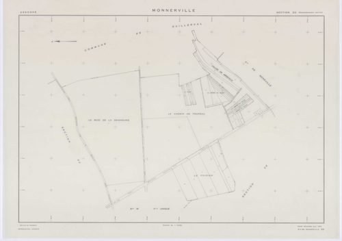 MONNERVILLE, plans minutes de conservation : tableau d'assemblage, 1951, Ech. 1/5000 ; plans des section S, 1951, Ech. 1/1000, section W, 1951, Ech. 1/2000, sections ZA, ZB, ZC, ZD, ZE, ZH, ZI, ZK, 1982, Ech. 1/2000, section ZL, 1991, Ech.1/2000. Polyeste