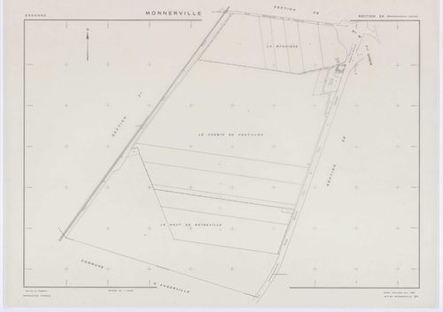 MONNERVILLE, plans minutes de conservation : tableau d'assemblage, 1951, Ech. 1/5000 ; plans des section S, 1951, Ech. 1/1000, section W, 1951, Ech. 1/2000, sections ZA, ZB, ZC, ZD, ZE, ZH, ZI, ZK, 1982, Ech. 1/2000, section ZL, 1991, Ech.1/2000. Polyeste