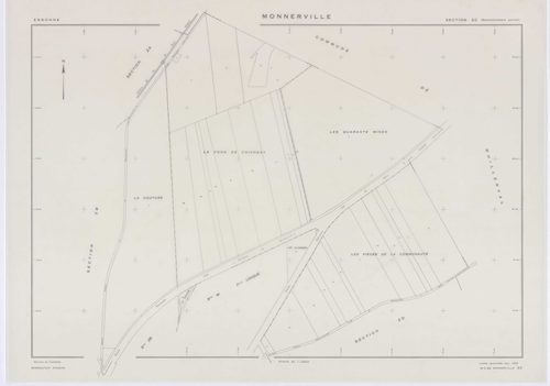 MONNERVILLE, plans minutes de conservation : tableau d'assemblage, 1951, Ech. 1/5000 ; plans des section S, 1951, Ech. 1/1000, section W, 1951, Ech. 1/2000, sections ZA, ZB, ZC, ZD, ZE, ZH, ZI, ZK, 1982, Ech. 1/2000, section ZL, 1991, Ech.1/2000. Polyeste
