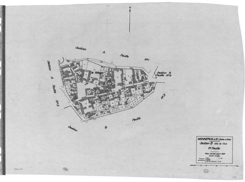 MONNERVILLE. - Cadastre révisé pour 1934 : plan du tableau d'assemblage , plans de la section A l'Ouest 1ère feuille, idem 2ème feuille, idem 3ème feuille, section B l'Est 1ère feuille, idem 2ème feuille, idem 3ème feuille ; cadastre renouvelé pour 1951 :