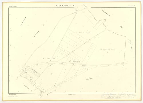 Plans minutes de conservation : MONNERVILLE : tableau d'assemblage n°1, ech. 1/5000 (1951), sections S, T, ech. 1/1000 (1951), sections U, V, W, X, Y, Z, ech. 1/2000 (1951) ; tableau d'assemblage n°2, ech. 1/5000 (1951-1969), sections T, U, X, ech. 1/2000