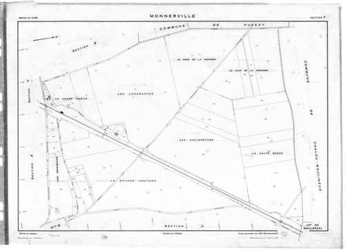 MONNERVILLE. - Cadastre révisé pour 1934 : plan du tableau d'assemblage , plans de la section A l'Ouest 1ère feuille, idem 2ème feuille, idem 3ème feuille, section B l'Est 1ère feuille, idem 2ème feuille, idem 3ème feuille ; cadastre renouvelé pour 1951 :