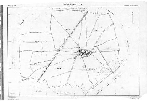 MONNERVILLE. - Cadastre révisé pour 1934 : plan du tableau d'assemblage , plans de la section A l'Ouest 1ère feuille, idem 2ème feuille, idem 3ème feuille, section B l'Est 1ère feuille, idem 2ème feuille, idem 3ème feuille ; cadastre renouvelé pour 1951 :