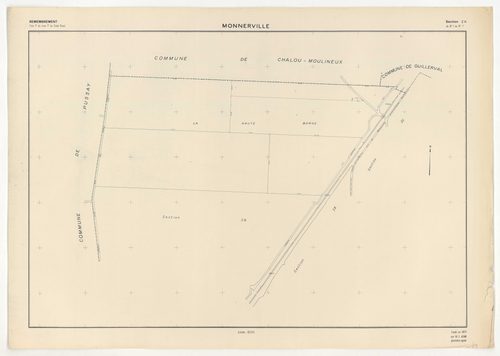 Plans minutes de conservation : MONNERVILLE : tableau d'assemblage n°1, ech. 1/5000 (1951), sections S, T, ech. 1/1000 (1951), sections U, V, W, X, Y, Z, ech. 1/2000 (1951) ; tableau d'assemblage n°2, ech. 1/5000 (1951-1969), sections T, U, X, ech. 1/2000