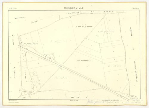 Plans minutes de conservation : MONNERVILLE : tableau d'assemblage n°1, ech. 1/5000 (1951), sections S, T, ech. 1/1000 (1951), sections U, V, W, X, Y, Z, ech. 1/2000 (1951) ; tableau d'assemblage n°2, ech. 1/5000 (1951-1969), sections T, U, X, ech. 1/2000