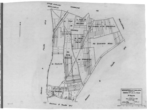 MONNERVILLE. - Cadastre révisé pour 1934 : plan du tableau d'assemblage , plans de la section A l'Ouest 1ère feuille, idem 2ème feuille, idem 3ème feuille, section B l'Est 1ère feuille, idem 2ème feuille, idem 3ème feuille ; cadastre renouvelé pour 1951 :