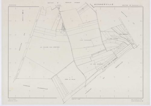 MONNERVILLE, plans minutes de conservation : tableau d'assemblage, 1951, Ech. 1/5000 ; plans des section S, 1951, Ech. 1/1000, section W, 1951, Ech. 1/2000, sections ZA, ZB, ZC, ZD, ZE, ZH, ZI, ZK, 1982, Ech. 1/2000, section ZL, 1991, Ech.1/2000. Polyeste