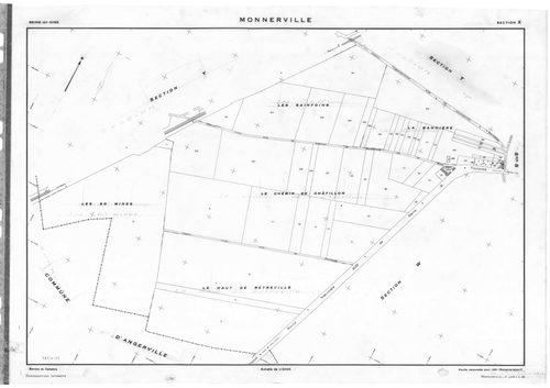 MONNERVILLE. - Cadastre révisé pour 1934 : plan du tableau d'assemblage , plans de la section A l'Ouest 1ère feuille, idem 2ème feuille, idem 3ème feuille, section B l'Est 1ère feuille, idem 2ème feuille, idem 3ème feuille ; cadastre renouvelé pour 1951 :