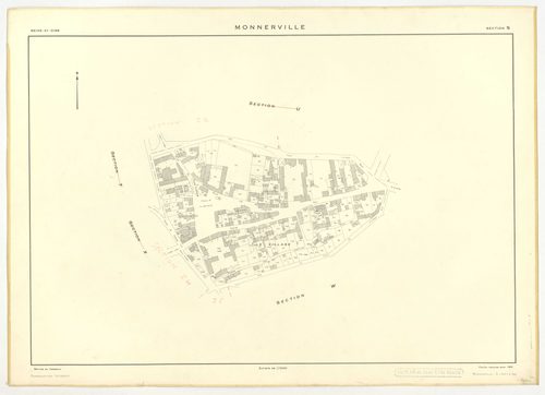 Plans minutes de conservation : MONNERVILLE : tableau d'assemblage n°1, ech. 1/5000 (1951), sections S, T, ech. 1/1000 (1951), sections U, V, W, X, Y, Z, ech. 1/2000 (1951) ; tableau d'assemblage n°2, ech. 1/5000 (1951-1969), sections T, U, X, ech. 1/2000