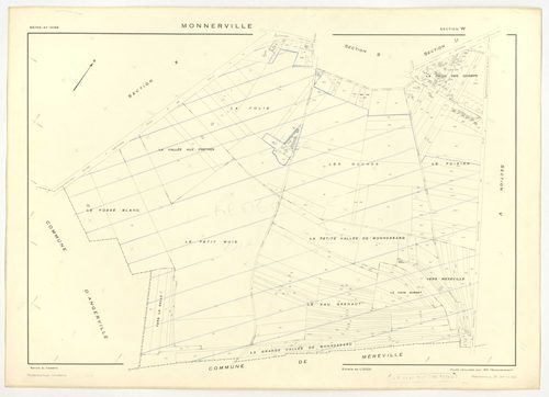 Plans minutes de conservation : MONNERVILLE : tableau d'assemblage n°1, ech. 1/5000 (1951), sections S, T, ech. 1/1000 (1951), sections U, V, W, X, Y, Z, ech. 1/2000 (1951) ; tableau d'assemblage n°2, ech. 1/5000 (1951-1969), sections T, U, X, ech. 1/2000