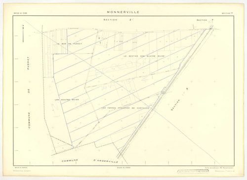 Plans minutes de conservation : MONNERVILLE : tableau d'assemblage n°1, ech. 1/5000 (1951), sections S, T, ech. 1/1000 (1951), sections U, V, W, X, Y, Z, ech. 1/2000 (1951) ; tableau d'assemblage n°2, ech. 1/5000 (1951-1969), sections T, U, X, ech. 1/2000