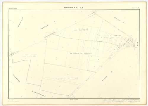 Plans minutes de conservation : MONNERVILLE : tableau d'assemblage n°1, ech. 1/5000 (1951), sections S, T, ech. 1/1000 (1951), sections U, V, W, X, Y, Z, ech. 1/2000 (1951) ; tableau d'assemblage n°2, ech. 1/5000 (1951-1969), sections T, U, X, ech. 1/2000