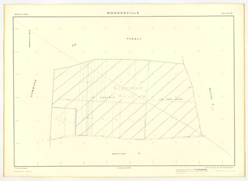 Plans minutes de conservation : MONNERVILLE : tableau d'assemblage n°1, ech. 1/5000 (1951), sections S, T, ech. 1/1000 (1951), sections U, V, W, X, Y, Z, ech. 1/2000 (1951) ; tableau d'assemblage n°2, ech. 1/5000 (1951-1969), sections T, U, X, ech. 1/2000