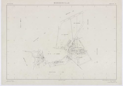 MONNERVILLE, plans minutes de conservation : tableau d'assemblage, 1951, Ech. 1/5000 ; plans des section S, 1951, Ech. 1/1000, section W, 1951, Ech. 1/2000, sections ZA, ZB, ZC, ZD, ZE, ZH, ZI, ZK, 1982, Ech. 1/2000, section ZL, 1991, Ech.1/2000. Polyeste