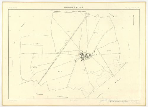 Plans minutes de conservation : MONNERVILLE : tableau d'assemblage n°1, ech. 1/5000 (1951), sections S, T, ech. 1/1000 (1951), sections U, V, W, X, Y, Z, ech. 1/2000 (1951) ; tableau d'assemblage n°2, ech. 1/5000 (1951-1969), sections T, U, X, ech. 1/2000