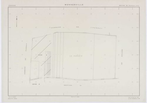 MONNERVILLE, plans minutes de conservation : tableau d'assemblage, 1951, Ech. 1/5000 ; plans des section S, 1951, Ech. 1/1000, section W, 1951, Ech. 1/2000, sections ZA, ZB, ZC, ZD, ZE, ZH, ZI, ZK, 1982, Ech. 1/2000, section ZL, 1991, Ech.1/2000. Polyeste