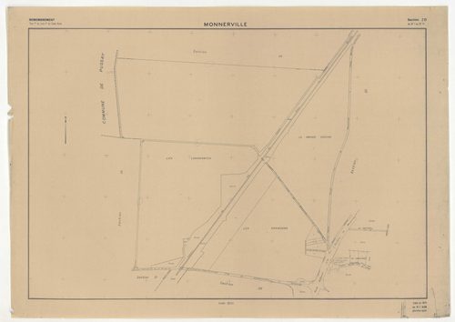 Plans minutes de conservation : MONNERVILLE : tableau d'assemblage n°1, ech. 1/5000 (1951), sections S, T, ech. 1/1000 (1951), sections U, V, W, X, Y, Z, ech. 1/2000 (1951) ; tableau d'assemblage n°2, ech. 1/5000 (1951-1969), sections T, U, X, ech. 1/2000