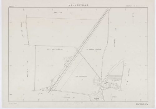 MONNERVILLE, plans minutes de conservation : tableau d'assemblage, 1951, Ech. 1/5000 ; plans des section S, 1951, Ech. 1/1000, section W, 1951, Ech. 1/2000, sections ZA, ZB, ZC, ZD, ZE, ZH, ZI, ZK, 1982, Ech. 1/2000, section ZL, 1991, Ech.1/2000. Polyeste