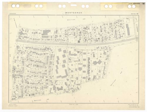 MONTGERON, plans minutes de conservation : tableaux d'assemblage et tableau d'assemblage TAru,1971, Ech. 1/5000 ; plans des sections AB, AC, AD, AE, AH, AI, AK, AL, Aman, AN, AO, AP, AR, AS, AT, AV, AW, AX, AY, 1971, Ech. 1/1000, section AM, 1971, Ech. 1/