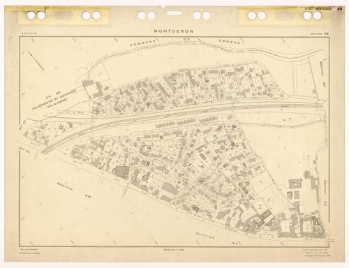 MONTGERON, plans minutes de conservation : tableaux d'assemblage et tableau d'assemblage TAru,1971, Ech. 1/5000 ; plans des sections AB, AC, AD, AE, AH, AI, AK, AL, Aman, AN, AO, AP, AR, AS, AT, AV, AW, AX, AY, 1971, Ech. 1/1000, section AM, 1971, Ech. 1/