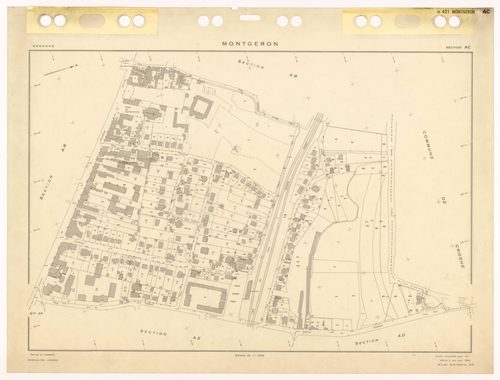 MONTGERON, plans minutes de conservation : tableaux d'assemblage et tableau d'assemblage TAru,1971, Ech. 1/5000 ; plans des sections AB, AC, AD, AE, AH, AI, AK, AL, Aman, AN, AO, AP, AR, AS, AT, AV, AW, AX, AY, 1971, Ech. 1/1000, section AM, 1971, Ech. 1/