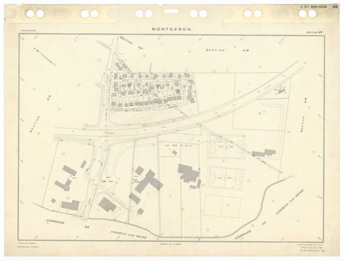 MONTGERON, plans minutes de conservation : tableaux d'assemblage et tableau d'assemblage TAru,1971, Ech. 1/5000 ; plans des sections AB, AC, AD, AE, AH, AI, AK, AL, Aman, AN, AO, AP, AR, AS, AT, AV, AW, AX, AY, 1971, Ech. 1/1000, section AM, 1971, Ech. 1/