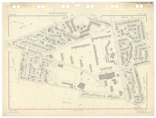MONTGERON, plans minutes de conservation : tableaux d'assemblage et tableau d'assemblage TAru,1971, Ech. 1/5000 ; plans des sections AB, AC, AD, AE, AH, AI, AK, AL, Aman, AN, AO, AP, AR, AS, AT, AV, AW, AX, AY, 1971, Ech. 1/1000, section AM, 1971, Ech. 1/