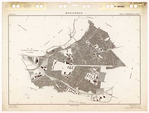 MONTGERON, plans minutes de conservation : tableaux d'assemblage et tableau d'assemblage TAru,1971, Ech. 1/5000 ; plans des sections AB, AC, AD, AE, AH, AI, AK, AL, Aman, AN, AO, AP, AR, AS, AT, AV, AW, AX, AY, 1971, Ech. 1/1000, section AM, 1971, Ech. 1/