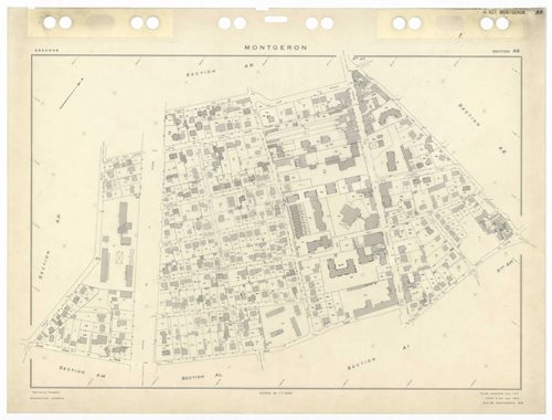 MONTGERON, plans minutes de conservation : tableaux d'assemblage et tableau d'assemblage TAru,1971, Ech. 1/5000 ; plans des sections AB, AC, AD, AE, AH, AI, AK, AL, Aman, AN, AO, AP, AR, AS, AT, AV, AW, AX, AY, 1971, Ech. 1/1000, section AM, 1971, Ech. 1/