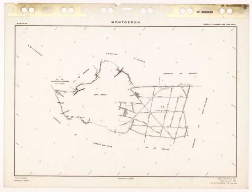 MONTGERON, plans minutes de conservation : tableaux d'assemblage et tableau d'assemblage TAru,1971, Ech. 1/5000 ; plans des sections AB, AC, AD, AE, AH, AI, AK, AL, Aman, AN, AO, AP, AR, AS, AT, AV, AW, AX, AY, 1971, Ech. 1/1000, section AM, 1971, Ech. 1/