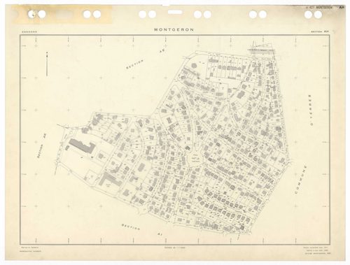 MONTGERON, plans minutes de conservation : tableaux d'assemblage et tableau d'assemblage TAru,1971, Ech. 1/5000 ; plans des sections AB, AC, AD, AE, AH, AI, AK, AL, Aman, AN, AO, AP, AR, AS, AT, AV, AW, AX, AY, 1971, Ech. 1/1000, section AM, 1971, Ech. 1/