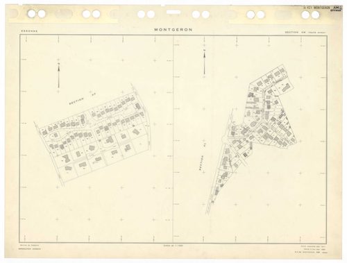 MONTGERON, plans minutes de conservation : tableaux d'assemblage et tableau d'assemblage TAru,1971, Ech. 1/5000 ; plans des sections AB, AC, AD, AE, AH, AI, AK, AL, Aman, AN, AO, AP, AR, AS, AT, AV, AW, AX, AY, 1971, Ech. 1/1000, section AM, 1971, Ech. 1/
