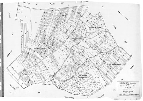 MONTLHERY. - Cadastre révisé pour 1938 : plan du tableau d'assemblage, plans de la section A la Côte 1ère feuille, idem 2ème feuille, idem 3ème feuille, section B la Ville, 1ère feuille, idem 2ème feuille, idem 3ème feuill, idem 4ème feuille ; cadastre ré