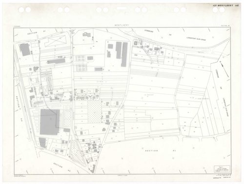 MONTLHERY, plans minutes de conservation : tableau d'assemblage,1938, Ech. 1/5000 ; plans des sections AA, AK, AL, AM, AN, 1997, Ech. 1/1000, sections AB, AC, AD, AE, AH, AI, 1999, Ech. 1/0,001. Polyester. N et B. Dim. 105 x 80 cm [12 plans]. 