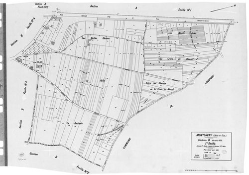 MONTLHERY. - Cadastre révisé pour 1938 : plan du tableau d'assemblage, plans de la section A la Côte 1ère feuille, idem 2ème feuille, idem 3ème feuille, section B la Ville, 1ère feuille, idem 2ème feuille, idem 3ème feuill, idem 4ème feuille ; cadastre ré