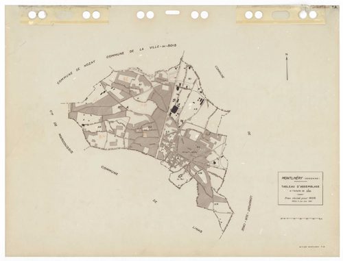 MONTLHERY, plans minutes de conservation : tableau d'assemblage,1938, Ech. 1/5000 ; plans des sections AA, AK, AL, AM, AN, 1997, Ech. 1/1000, sections AB, AC, AD, AE, AH, AI, 1999, Ech. 1/0,001. Polyester. N et B. Dim. 105 x 80 cm [12 plans]. 