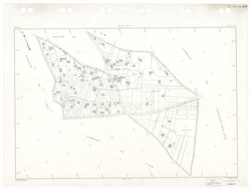 MONTLHERY, plans minutes de conservation : tableau d'assemblage,1938, Ech. 1/5000 ; plans des sections AA, AK, AL, AM, AN, 1997, Ech. 1/1000, sections AB, AC, AD, AE, AH, AI, 1999, Ech. 1/0,001. Polyester. N et B. Dim. 105 x 80 cm [12 plans]. 