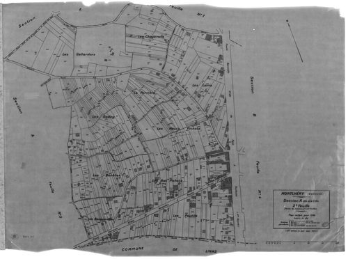 MONTLHERY. - Cadastre révisé pour 1938 : plan du tableau d'assemblage, plans de la section A la Côte 1ère feuille, idem 2ème feuille, idem 3ème feuille, section B la Ville, 1ère feuille, idem 2ème feuille, idem 3ème feuill, idem 4ème feuille ; cadastre ré