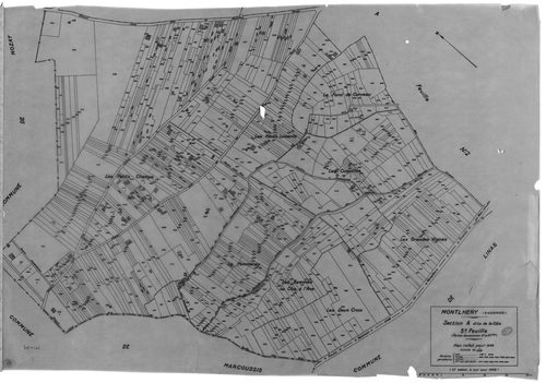 MONTLHERY. - Cadastre révisé pour 1938 : plan du tableau d'assemblage, plans de la section A la Côte 1ère feuille, idem 2ème feuille, idem 3ème feuille, section B la Ville, 1ère feuille, idem 2ème feuille, idem 3ème feuill, idem 4ème feuille ; cadastre ré