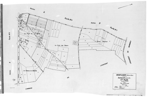MONTLHERY. - Cadastre révisé pour 1938 : plan du tableau d'assemblage, plans de la section A la Côte 1ère feuille, idem 2ème feuille, idem 3ème feuille, section B la Ville, 1ère feuille, idem 2ème feuille, idem 3ème feuill, idem 4ème feuille ; cadastre ré