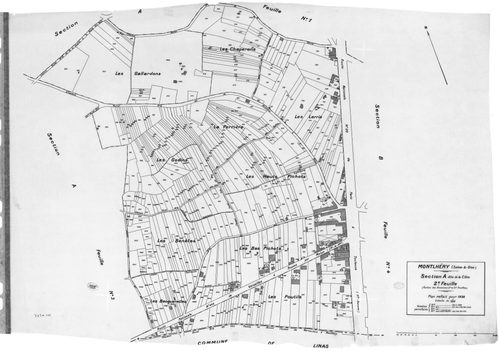 MONTLHERY. - Cadastre révisé pour 1938 : plan du tableau d'assemblage, plans de la section A la Côte 1ère feuille, idem 2ème feuille, idem 3ème feuille, section B la Ville, 1ère feuille, idem 2ème feuille, idem 3ème feuill, idem 4ème feuille ; cadastre ré