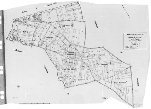 MONTLHERY. - Cadastre révisé pour 1938 : plan du tableau d'assemblage, plans de la section A la Côte 1ère feuille, idem 2ème feuille, idem 3ème feuille, section B la Ville, 1ère feuille, idem 2ème feuille, idem 3ème feuill, idem 4ème feuille ; cadastre ré