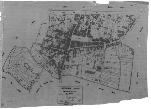 MONTLHERY. - Cadastre révisé pour 1938 : plan du tableau d'assemblage, plans de la section A la Côte 1ère feuille, idem 2ème feuille, idem 3ème feuille, section B la Ville, 1ère feuille, idem 2ème feuille, idem 3ème feuill, idem 4ème feuille ; cadastre ré