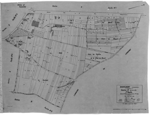 MONTLHERY. - Cadastre révisé pour 1938 : plan du tableau d'assemblage, plans de la section A la Côte 1ère feuille, idem 2ème feuille, idem 3ème feuille, section B la Ville, 1ère feuille, idem 2ème feuille, idem 3ème feuill, idem 4ème feuille ; cadastre ré