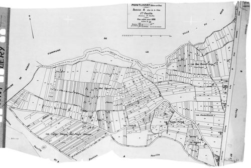 MONTLHERY. - Cadastre révisé pour 1938 : plan du tableau d'assemblage, plans de la section A la Côte 1ère feuille, idem 2ème feuille, idem 3ème feuille, section B la Ville, 1ère feuille, idem 2ème feuille, idem 3ème feuill, idem 4ème feuille ; cadastre ré