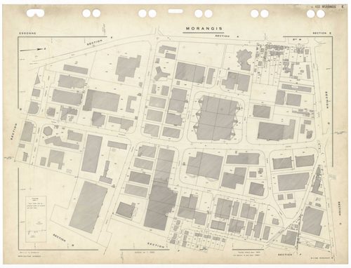 MORANGIS, plans minutes de conservation : tableau d'assemblage,1953, Ech. 1/5000 ; plans des sections Au, Bu, Cu, Du, Eu, Fu, Gu, Hu, Iu, Ku, Lu, Mu, 1953, Ech. 1/1000. Polyester. N et B. Dim. 105 x 80 cm [13 plans]. 